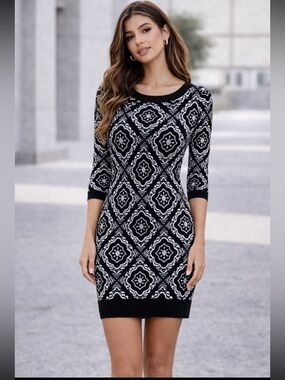 White House Black Market Black White Geometric Bodycon Dress 3/4 Sleeve XS
